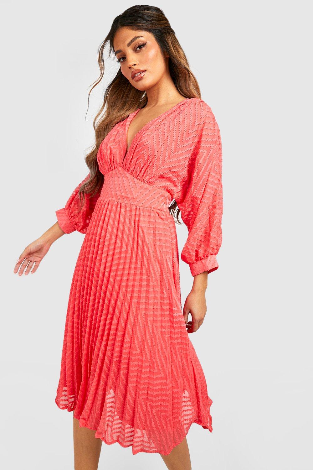 Dobby Mesh Pleated Balloon Sleeve Midi Dress | boohoo